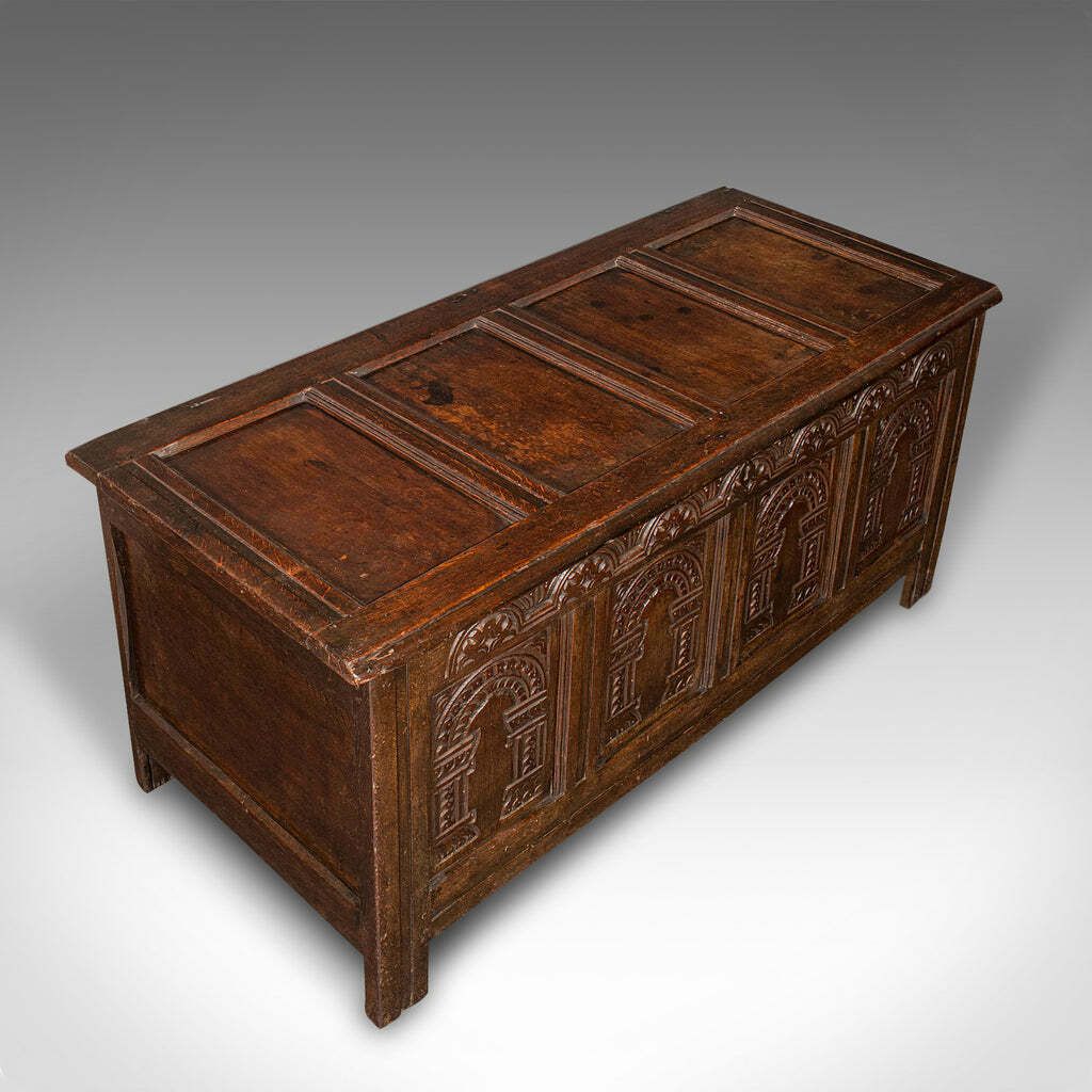 Large Antique Coffer, English, Oak, Carved Trunk, Window Seat, William III, 1700 photo buy