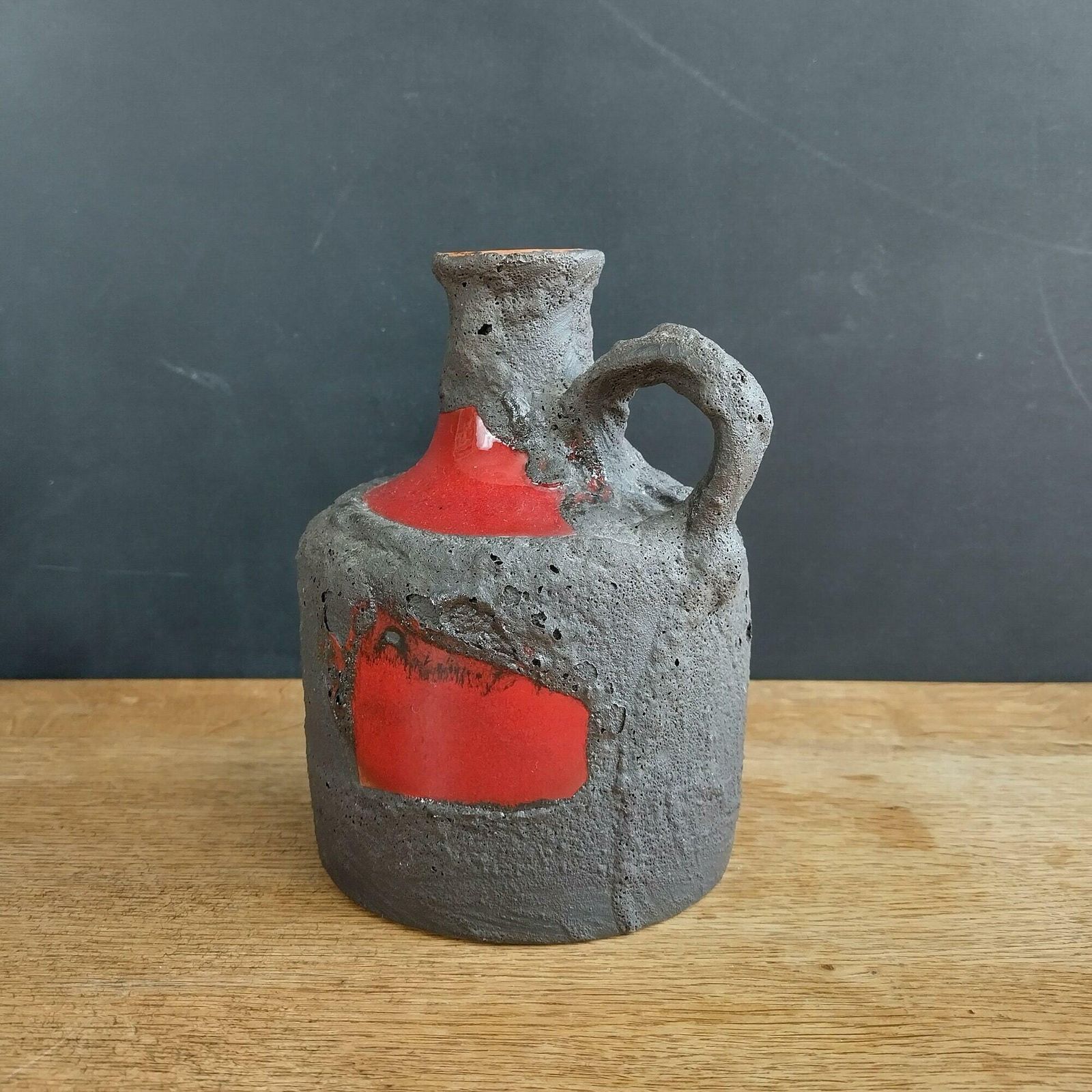 Stunning Marei Black Fat Lava With Gloss Red Highlights Small Jug Vase West German