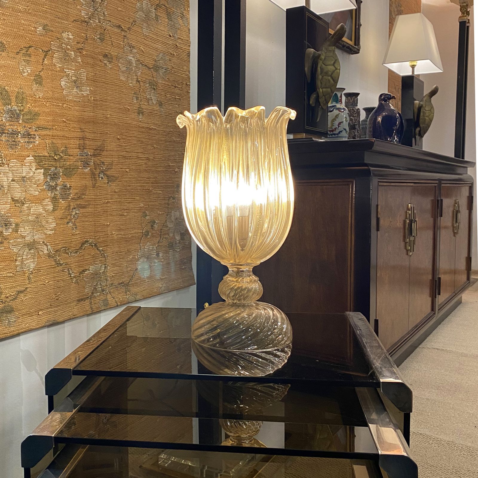 Archimede Seguso Handmade Murano Glass Table Lamp Gold Italian Art Deco 1980s photo Lighting
