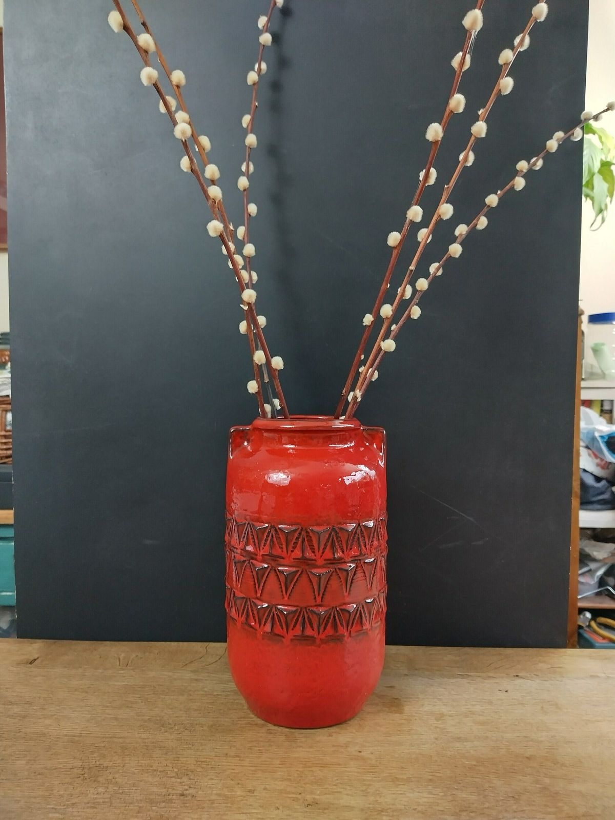 Jasba Vibrant Red West German Pottery Vase With Faux Pinch Handles C1970s photo for sale