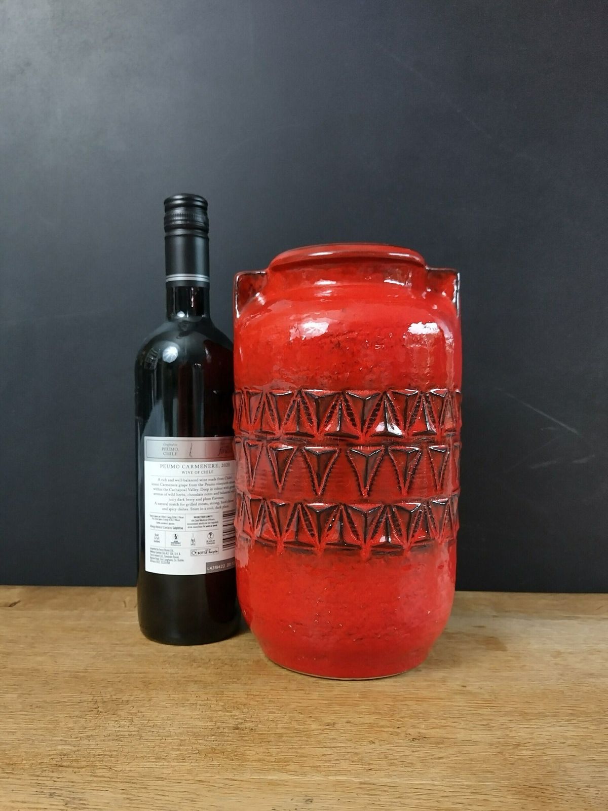 Jasba Vibrant Red West German Pottery Vase With Faux Pinch Handles C1970s photo vintage