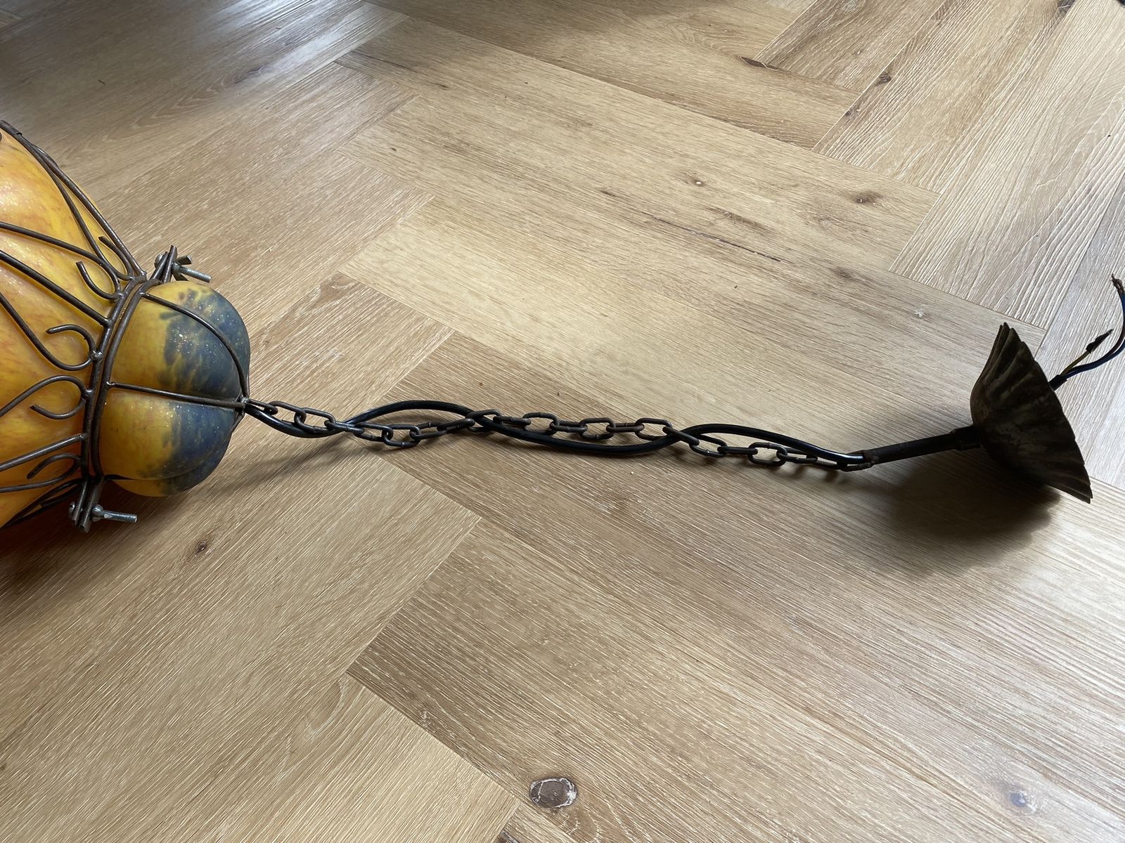 Large 1960s Venetian Wrought Iron Cage Murano Glass Lantern Pendant Light Opaque Amber photo vintage