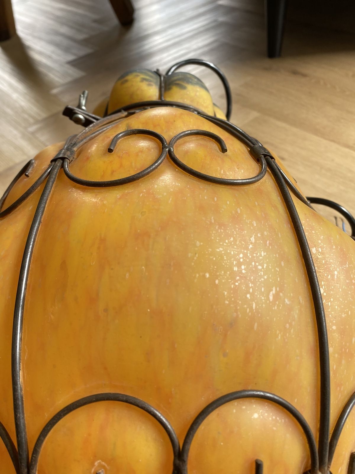 photo furniture Large 1960s Venetian Wrought Iron Cage Murano Glass Lantern Pendant Light Opaque Amber