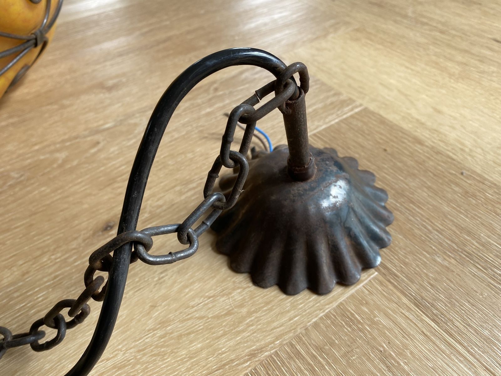 photo for sale Large 1960s Venetian Wrought Iron Cage Murano Glass Lantern Pendant Light Opaque Amber