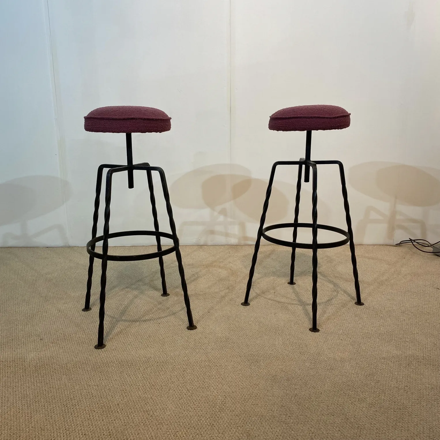 Pair Maroon Boucle Iron Swivel Bar Stools Midcentury Italian Vintage 1950s photo for sale