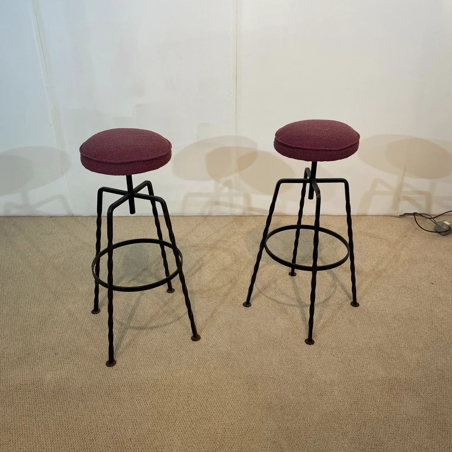Pair Maroon Boucle Iron Swivel Bar Stools Midcentury Italian Vintage 1950s photo vinterior