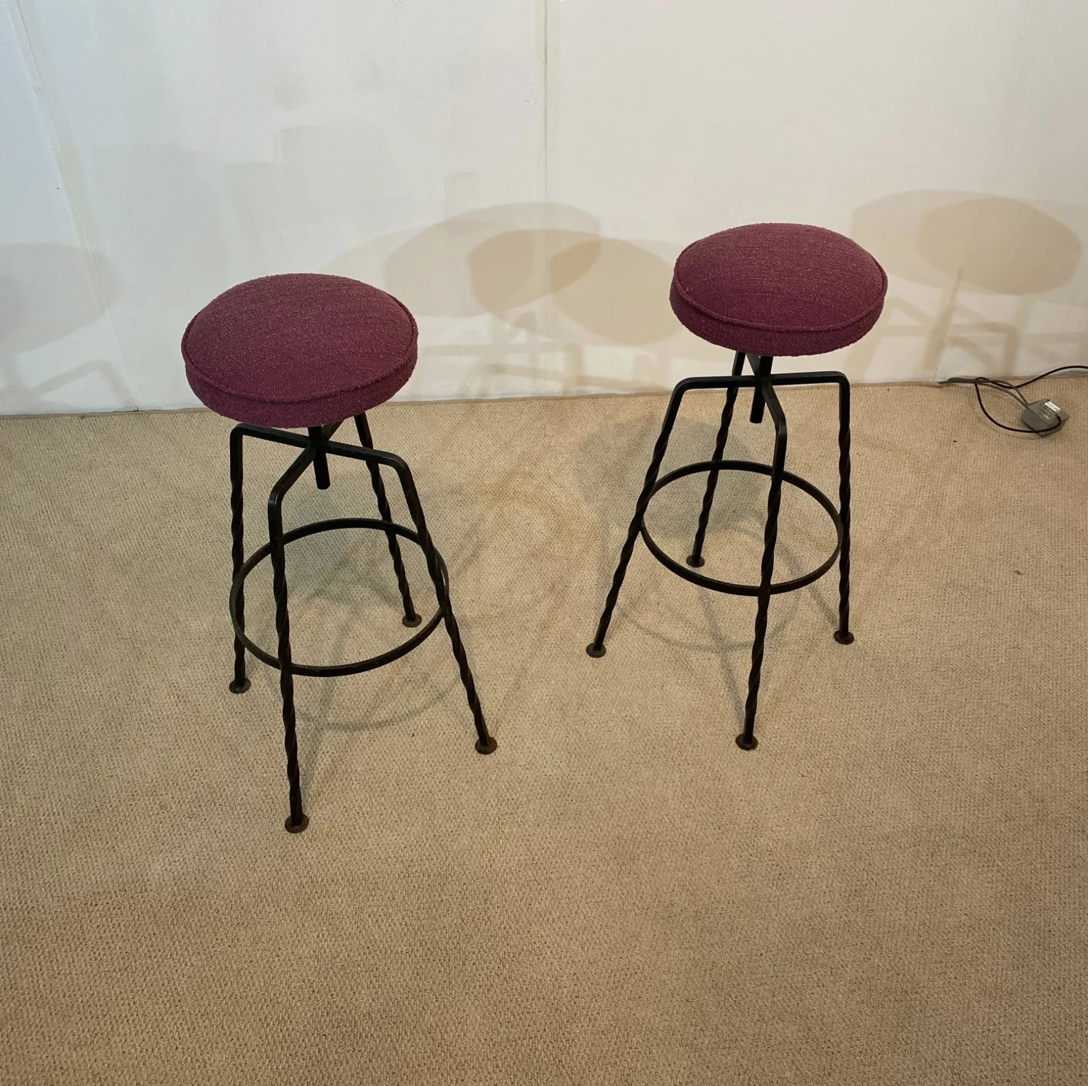 Furniture Pair Maroon Boucle Iron Swivel Bar Stools Midcentury Italian Vintage 1950s photo