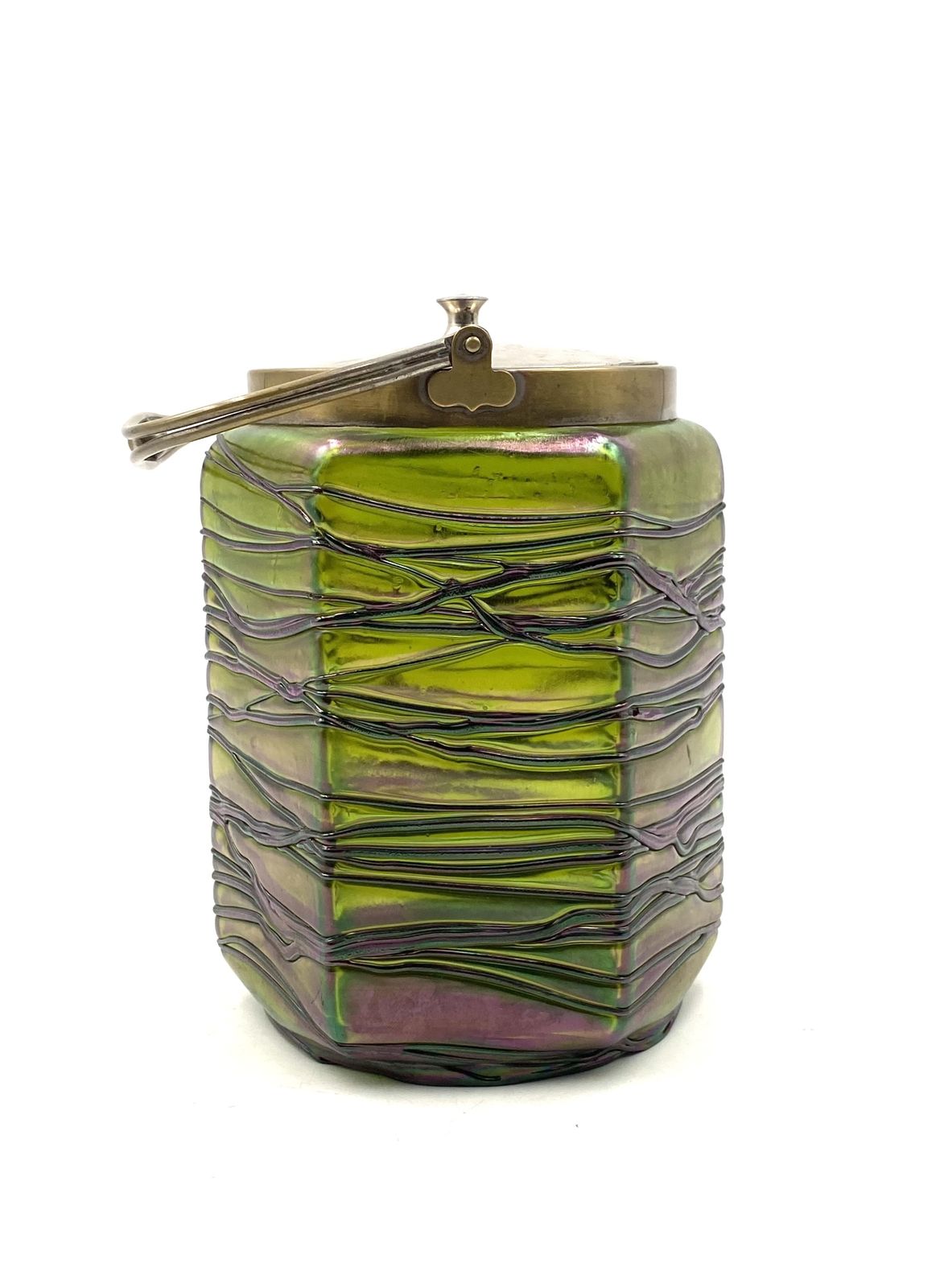 photo vinterior Jugendstil Iridescent Glass Cookies Jar, Pallme & König Austria 1910 Ca.
