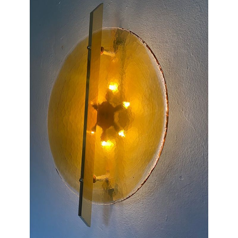 Italian Wall Light In Amber Murano Glass Disc And Brass Metal Frame photo for sale