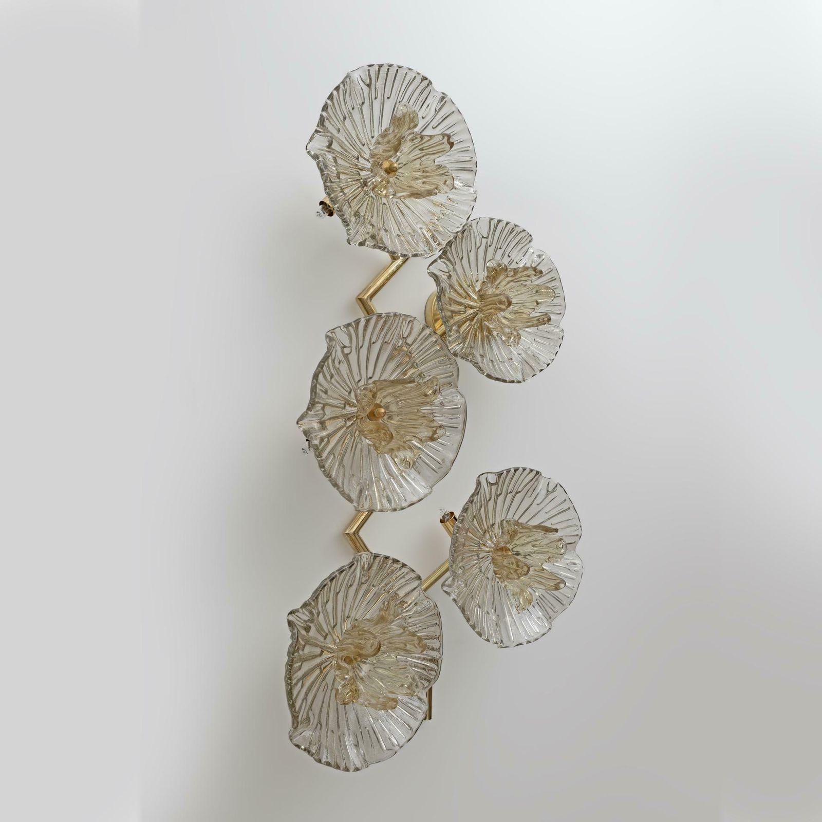 Pair Of Modern Italian Murano Glass And Brass Flowers Wall Lamps photo Lighting