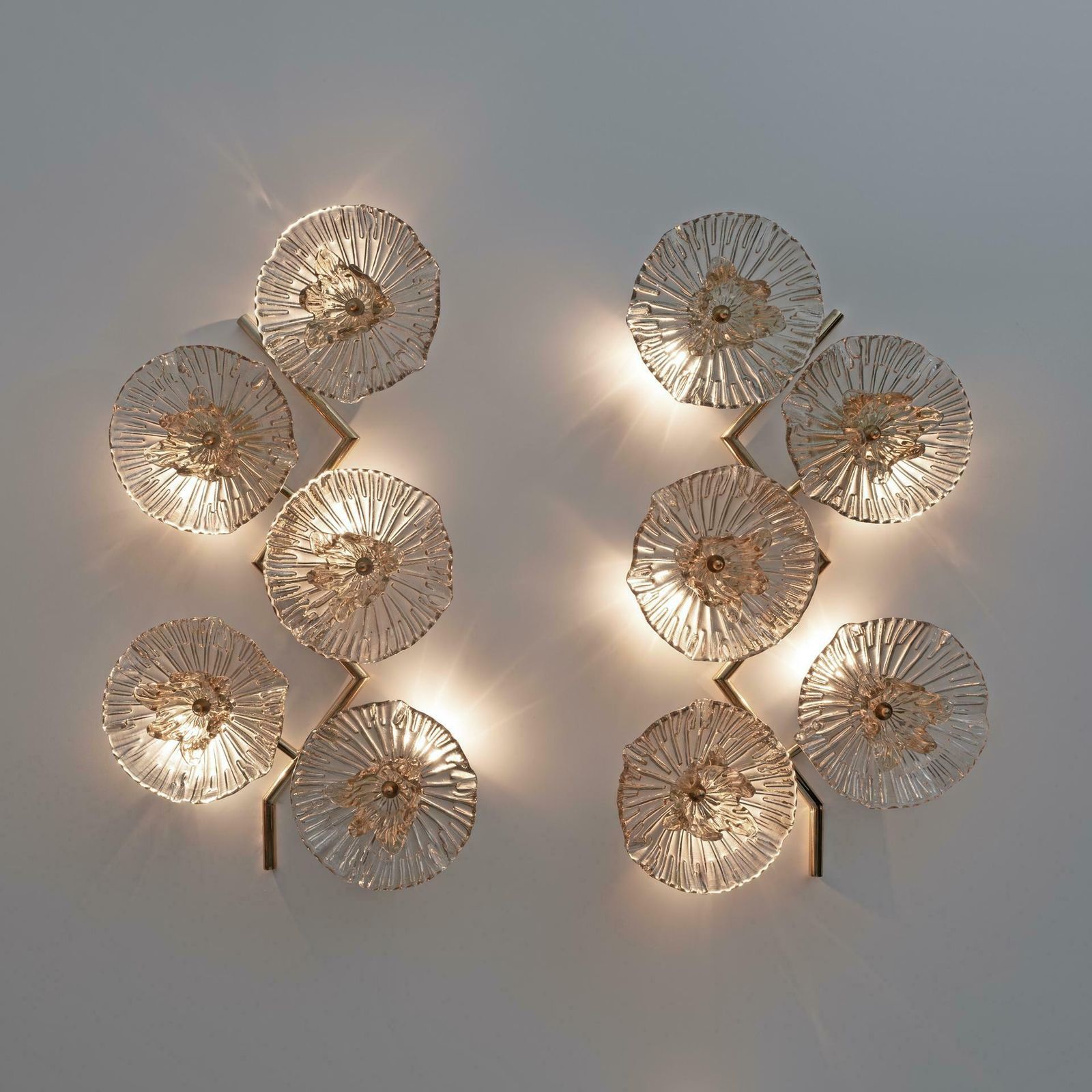 Pair Of Modern Italian Murano Glass And Brass Flowers Wall Lamps photo vintage