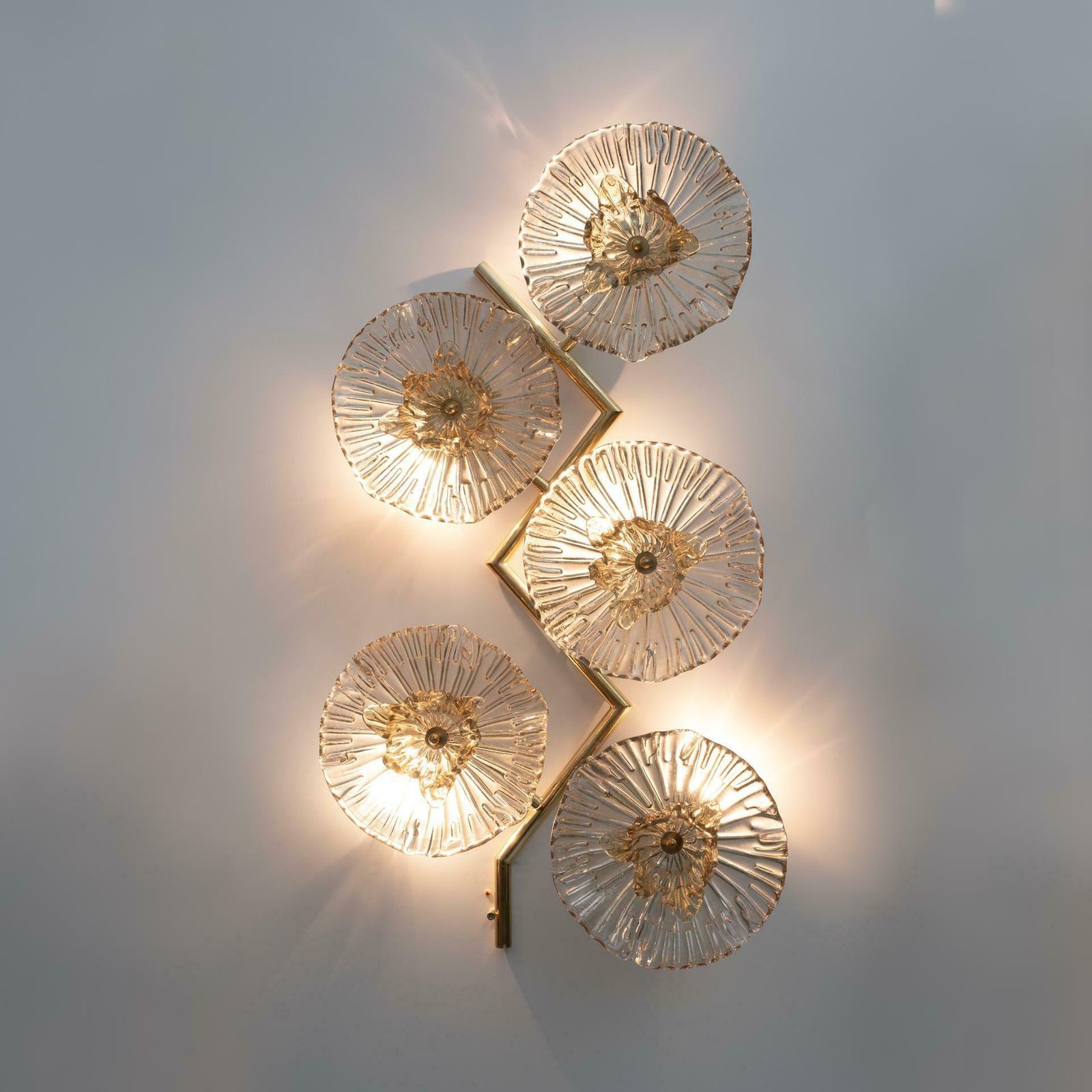 photo for sale Pair Of Modern Italian Murano Glass And Brass Flowers Wall Lamps