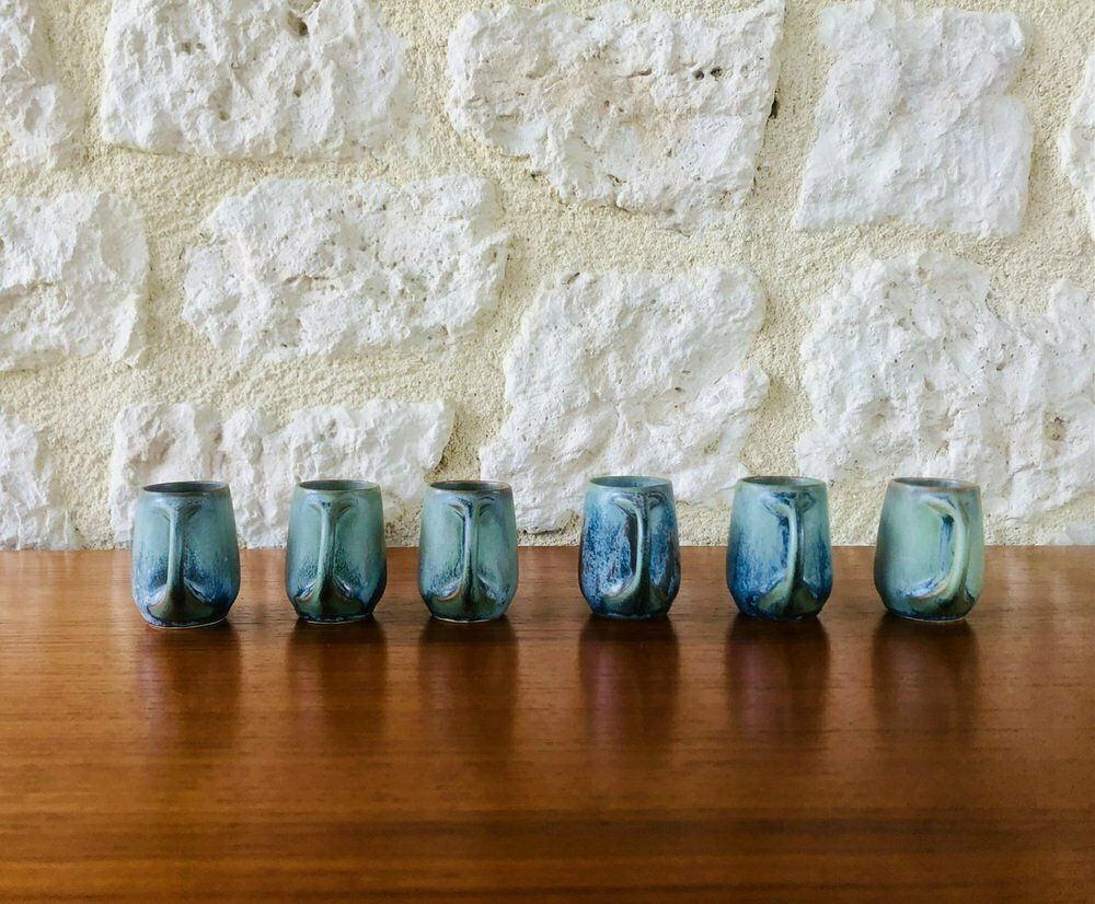 280.0 Art Nouveau Flamed Stoneware Liquor Service From Denbac, Set Of 7 photo