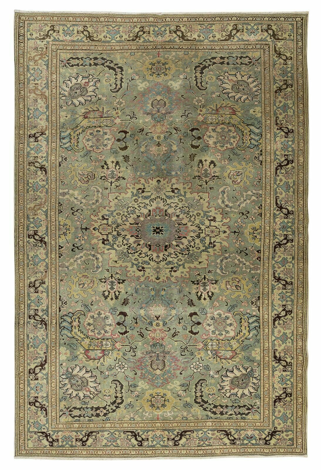 6.5x9.6 Ft Vintage Handmade Turkish Kayser, Area Rug In Shades Of Green, 100% Wool