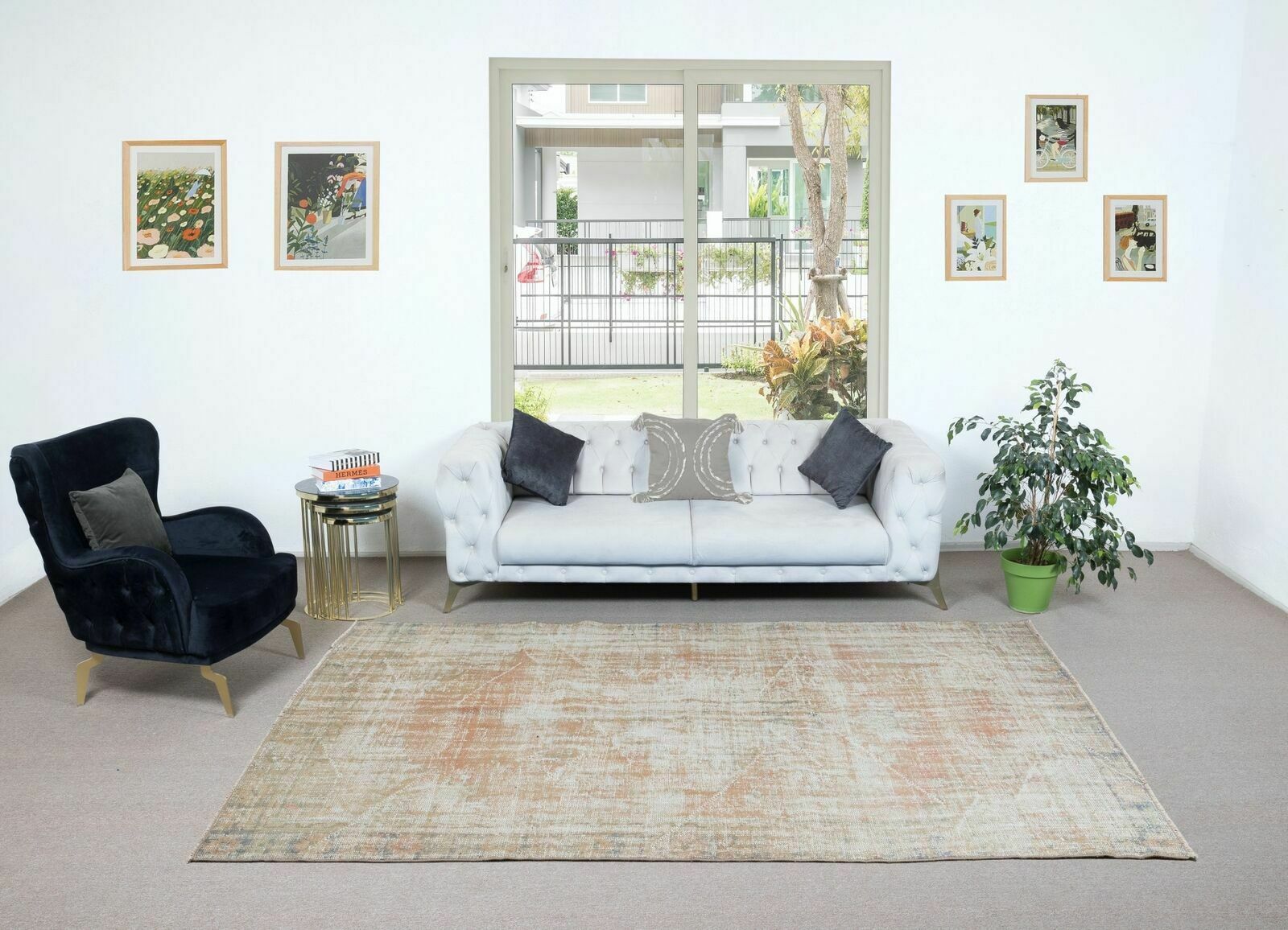 6.4x10 Ft Vintage Sun Faded Turkish Area Rug, Handmade Antique Washed Carpet photo furniture