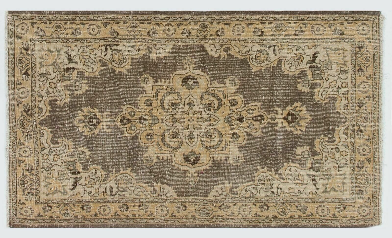 4x6.8 Ft Handmade Vintage Turkish Rug In Beige, Brown, Soft Sandy Yellow photo vintage