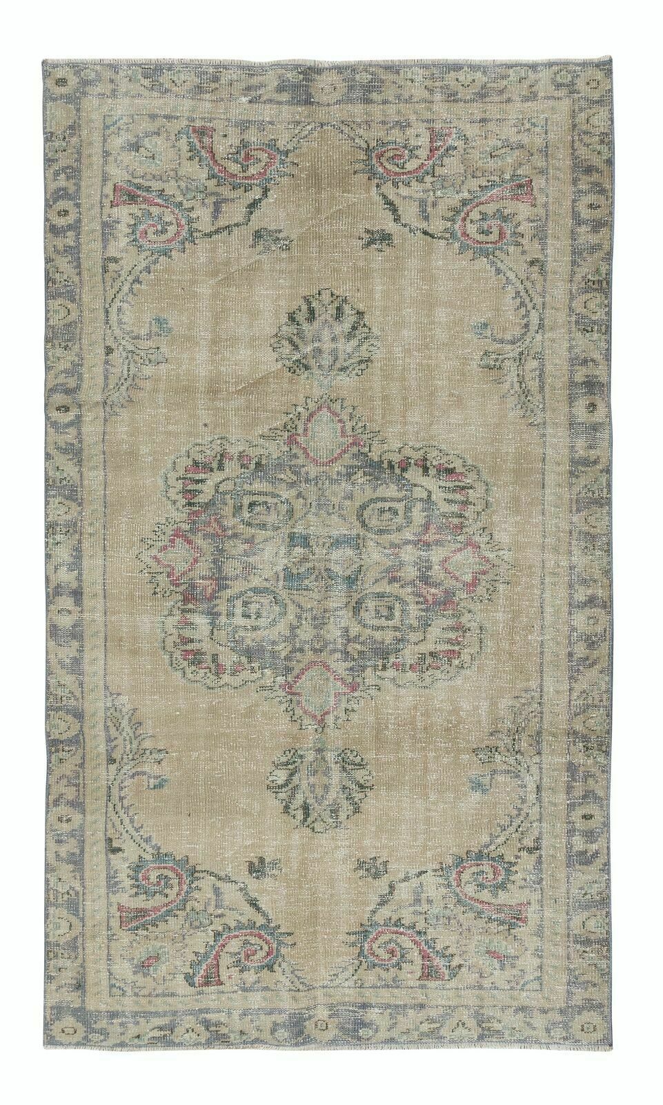 Vintage Sun Faded Rug, Hand Knotted Turkish Carpet In Beige & Gray