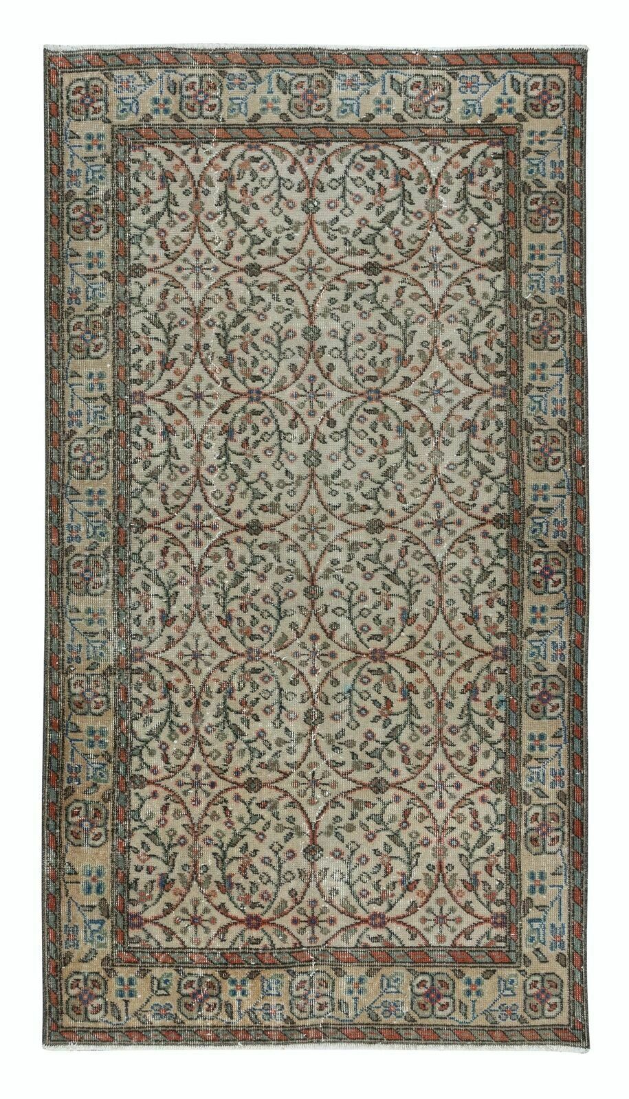3.8x6.8 Ft Vintage Handmade Anatolian Rug In Beige With All Over Floral Design
