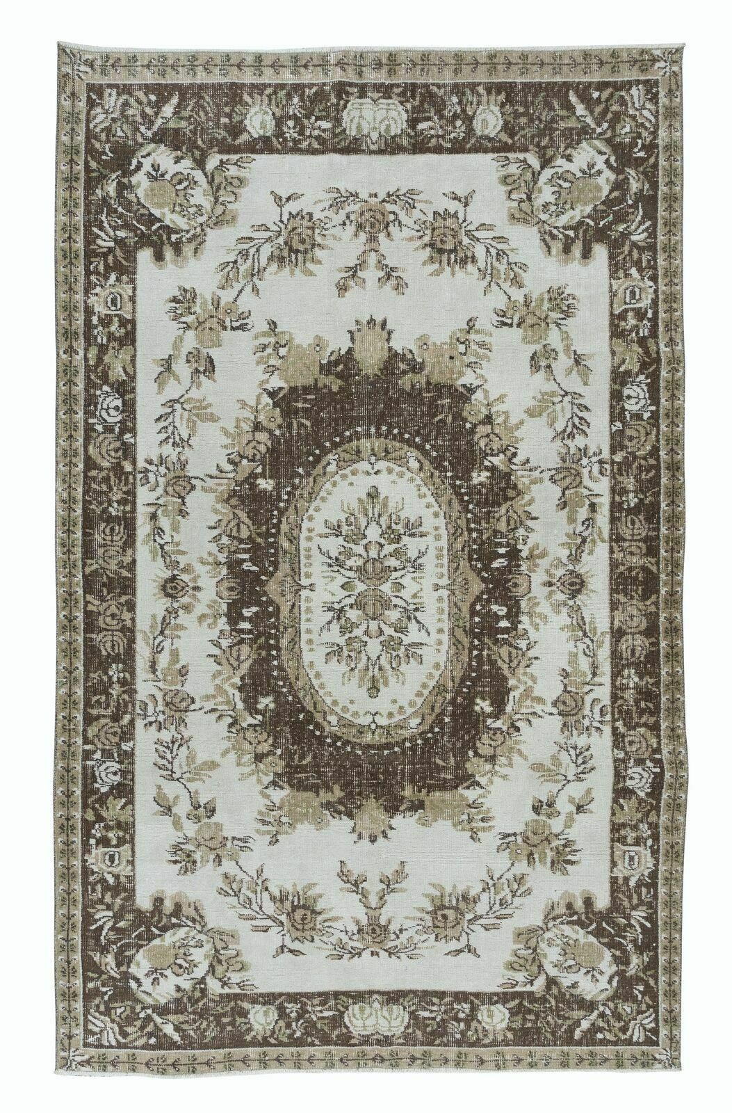 5.4x8.4 Ft Classic Aubusson Inspired Vintage Handmade Faded Rug In Beige & Brown