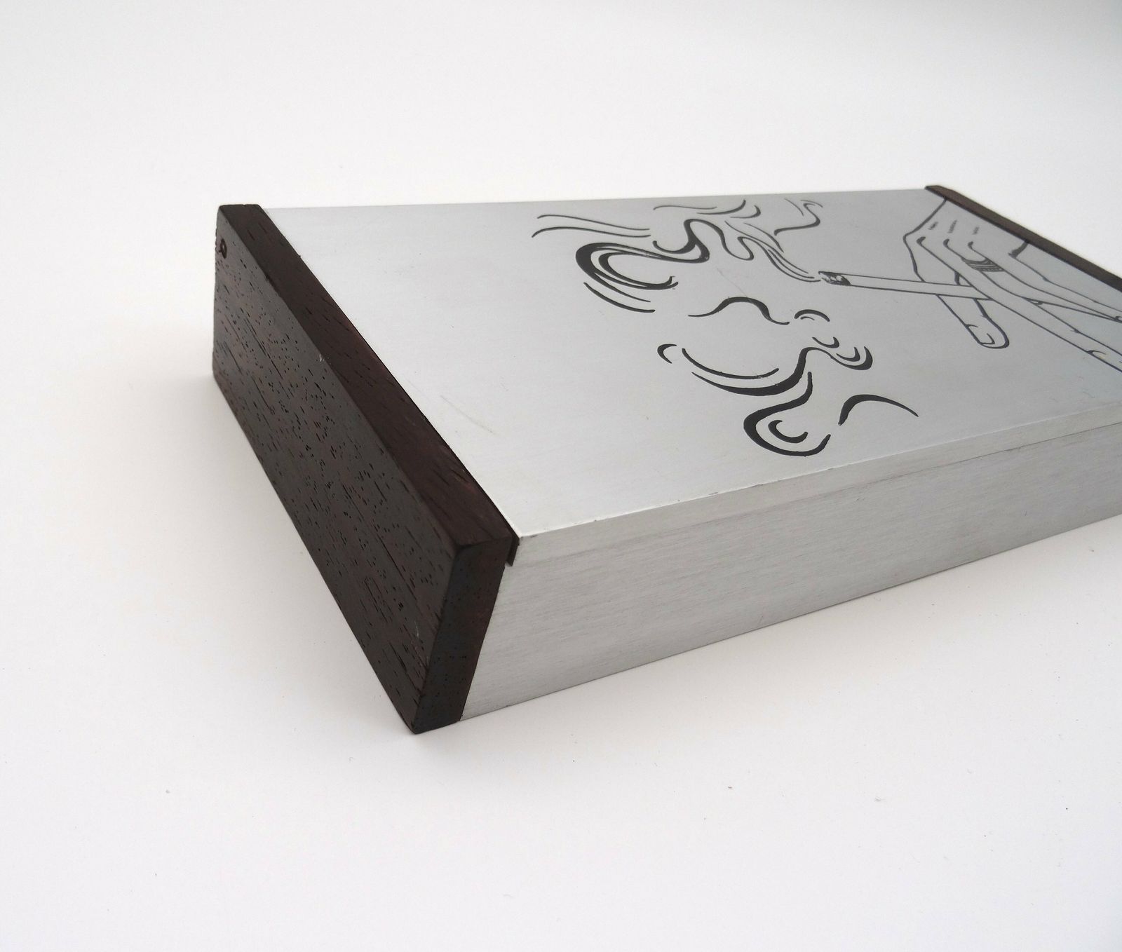 Rare Mid Century Modernist Design Teak & Metal Cigarette Box Italy 1960 photo for sale
