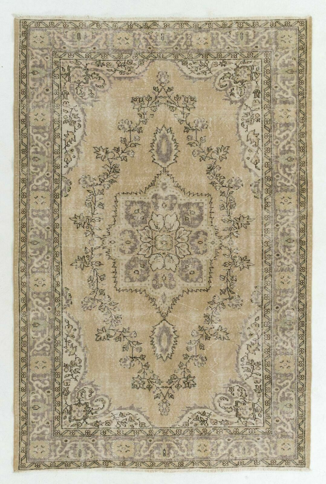 6.3x9.5 Ft Hand Knotted Vintage Turkish Area Rug With Medallion Design