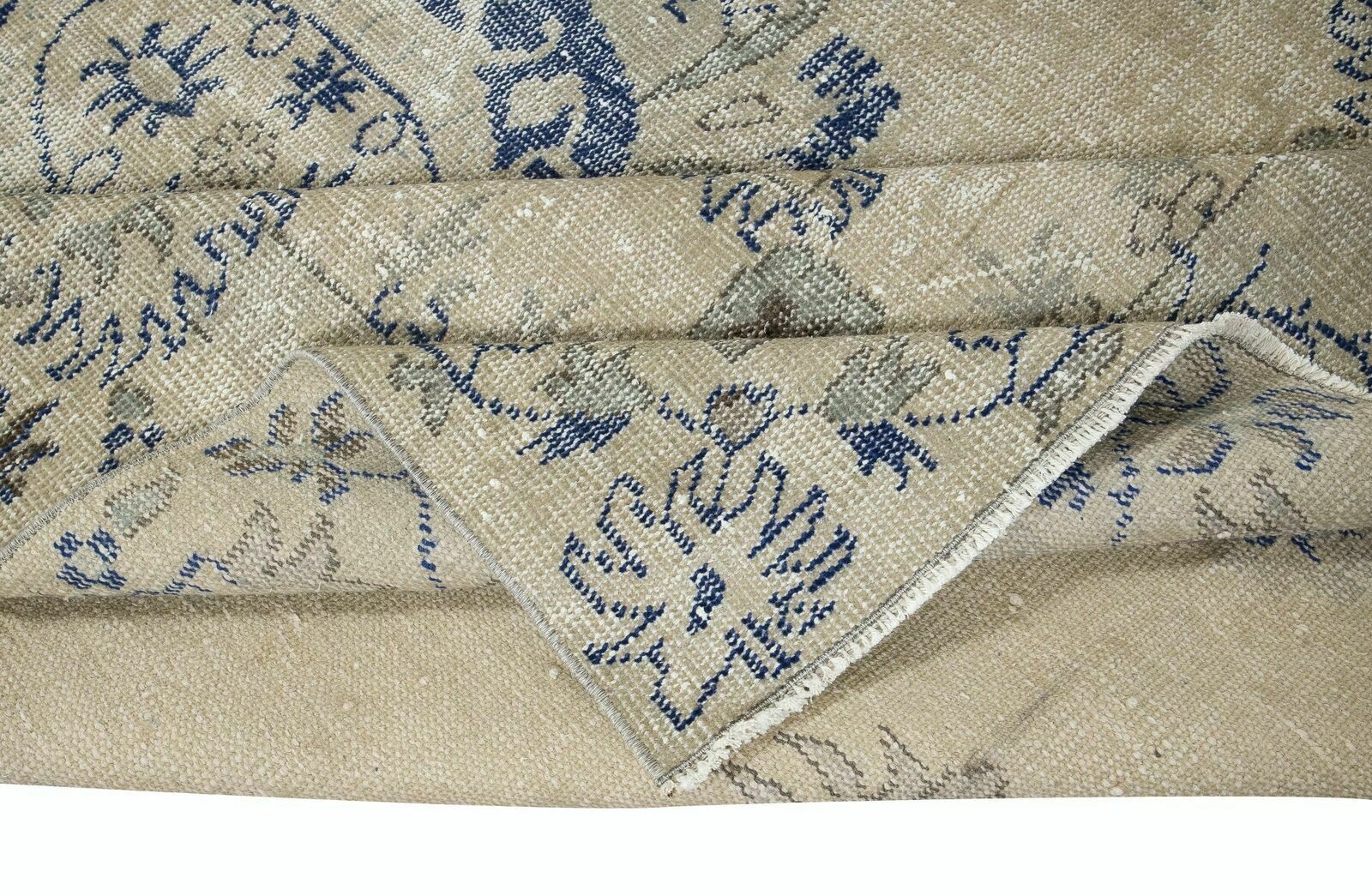 6.4x9.6 Ft Vintage Turkish Rug In Beige & Navy Blue, Sun Faded Handmade Carpet photo for sale