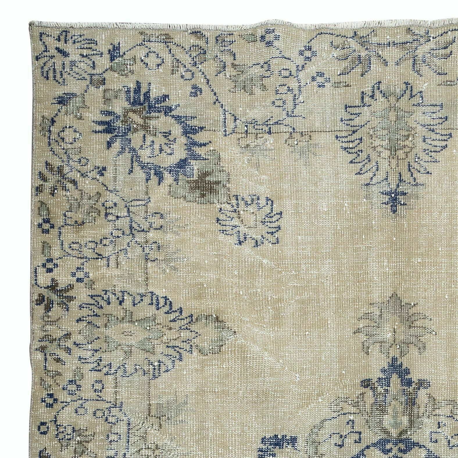 6.4x9.6 Ft Vintage Turkish Rug In Beige & Navy Blue, Sun Faded Handmade Carpet photo Textiles