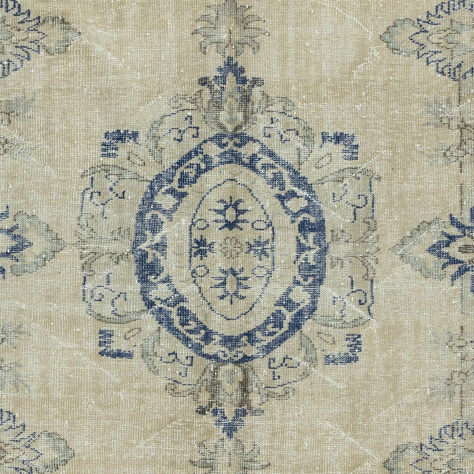 6.4x9.6 Ft Vintage Turkish Rug In Beige & Navy Blue, Sun Faded Handmade Carpet photo 854.0