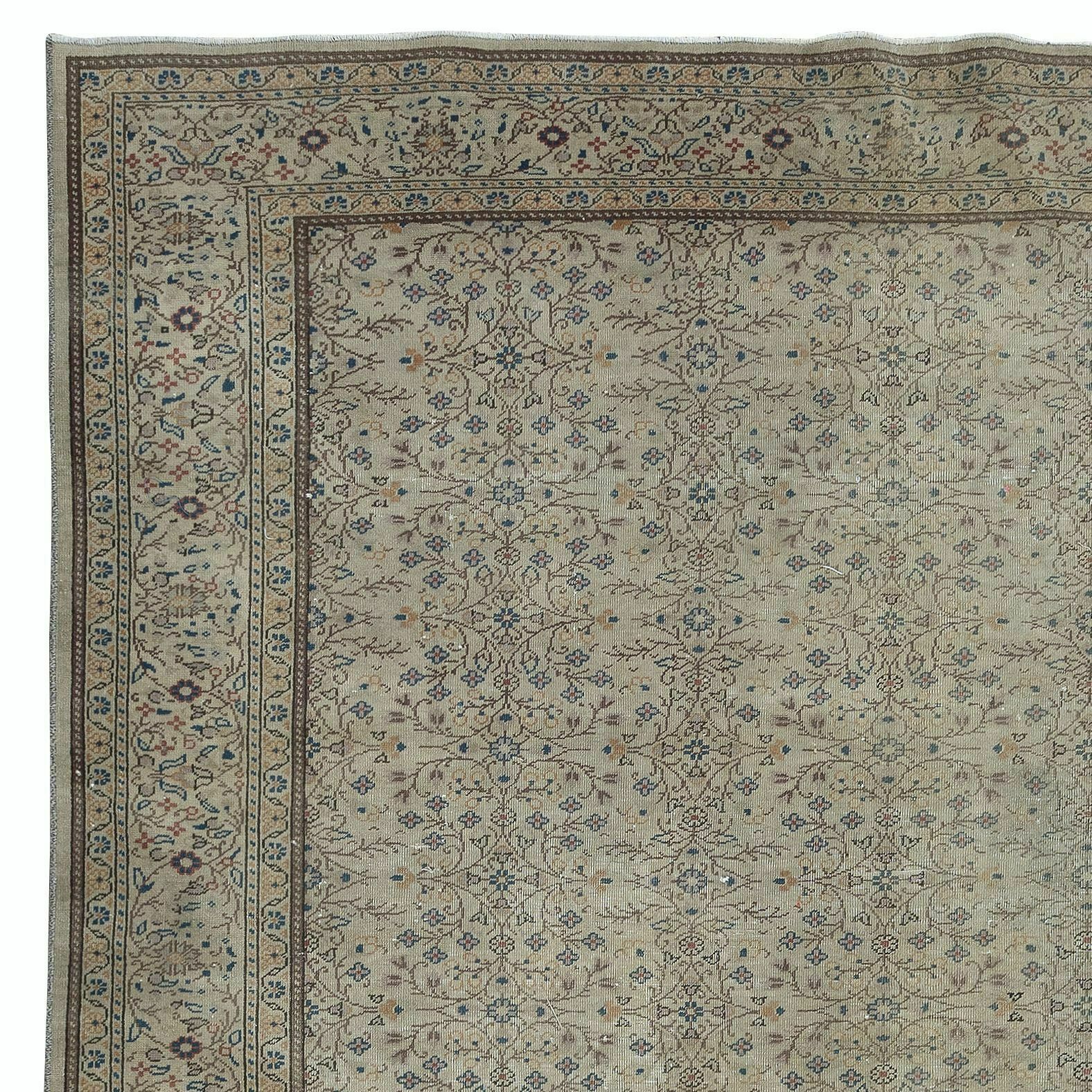 6.6x9.4 Ft Vintage Hand Knotted Anatolian Oushak Rug In Beige With Floral Design photo Textiles