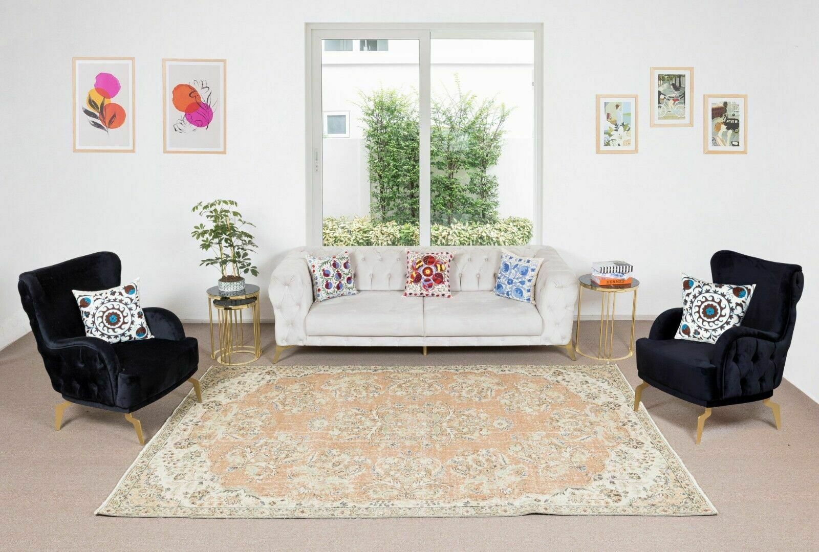6.5x10.2 Ft Hand Knotted Vintage Oushak Rug, Traditional 1960s Floor Covering photo furniture