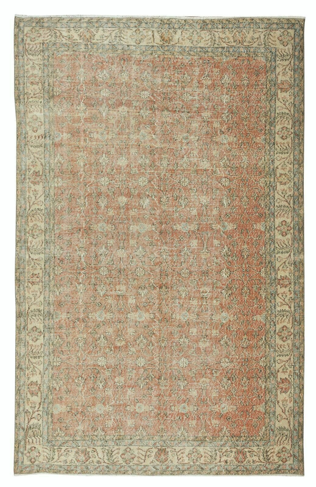 6.6x10.5 Ft Hand Knotted Floral Vintage Turkish Rug, Wool And Cotton Carpet