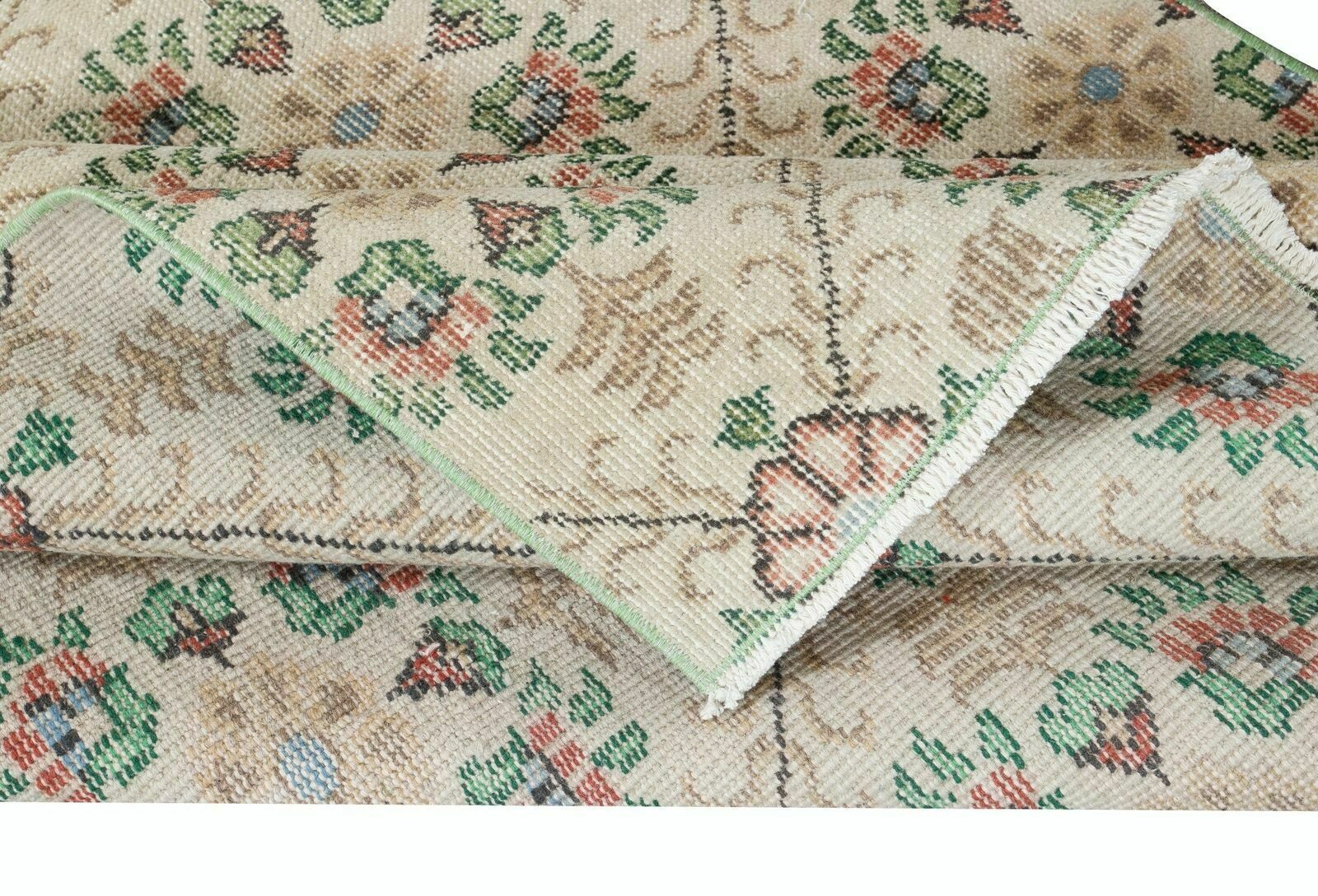 4x6.8 Ft Handknotted Vintage Rug With Beige Background And Green Floral Pattern photo for sale