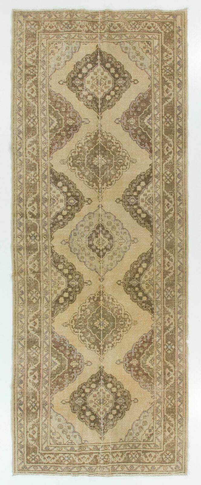 5x12.8 Ft Authentic Handmade Vintage Oushak Runner Rug In Natural Beige & Brown