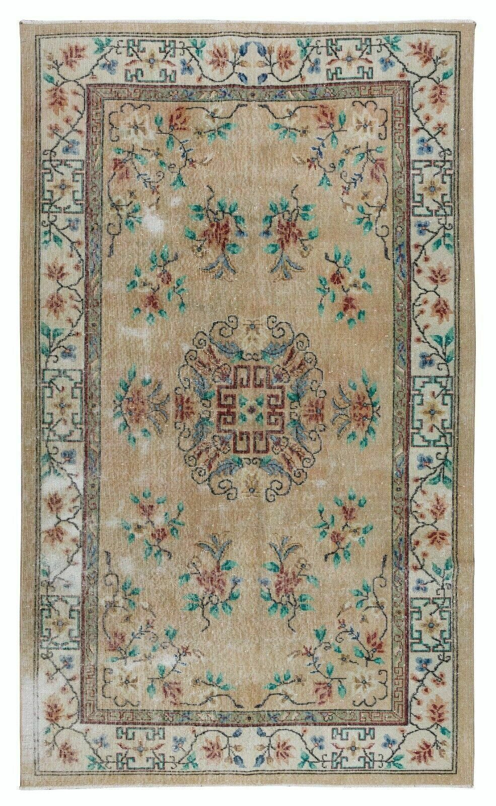 5.2x8.9 Ft Vintage Handmade Art Deco Chinese Design Wool Rug For Home & Office