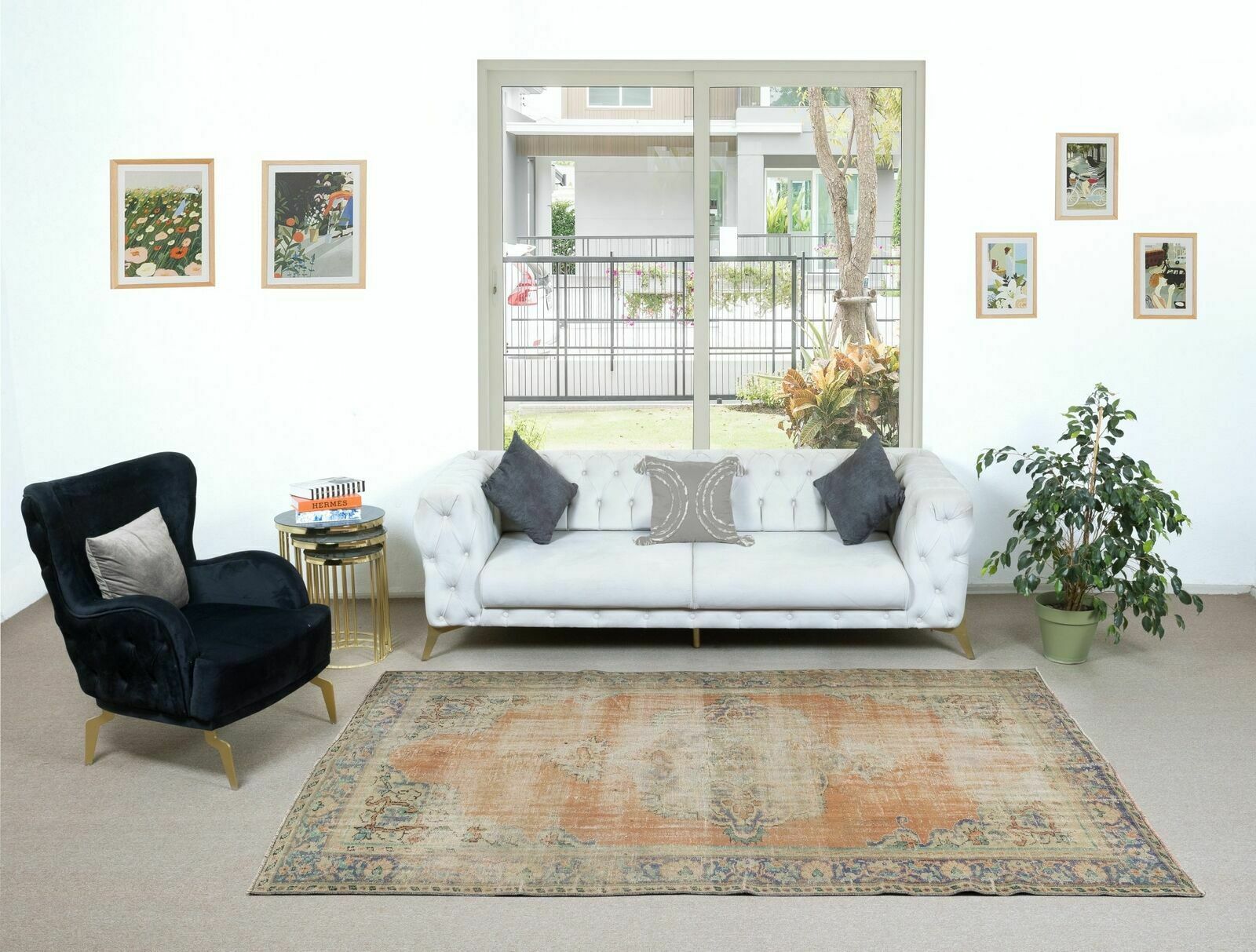 6x9.2 Ft Sun Faded Handmade Anatolian Oushak Rug, 1950s Shabby Chic Wool Carpet photo furniture