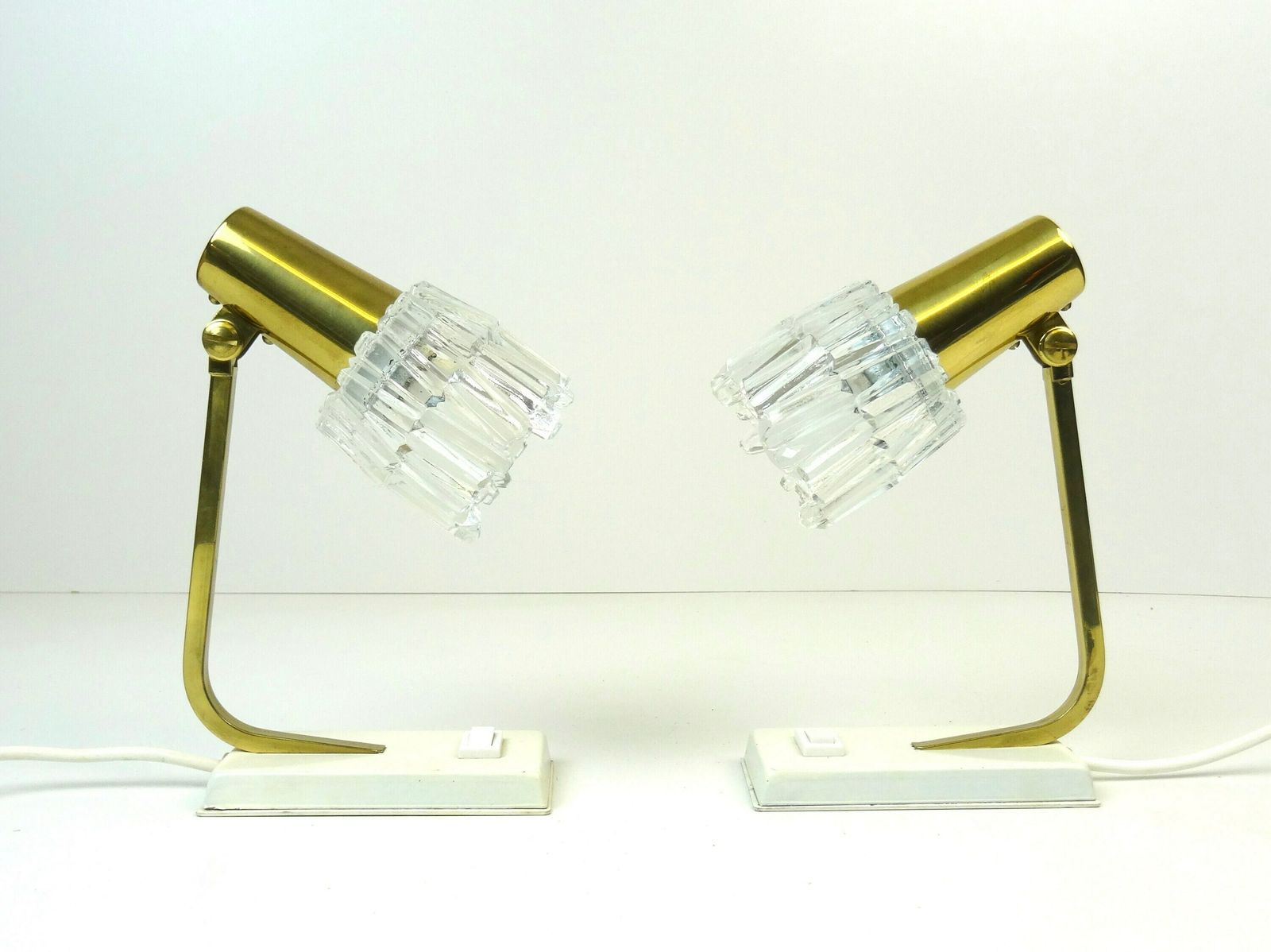Rare Mid Century Brass & Ice Glass Hollywood Regency Pair Bedside Desk Lamps