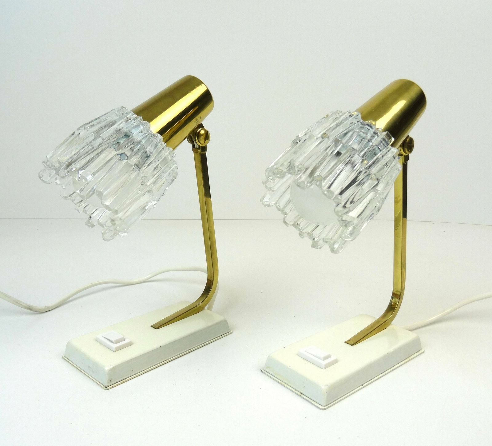 Rare Mid Century Brass & Ice Glass Hollywood Regency Pair Bedside Desk Lamps photo Lighting