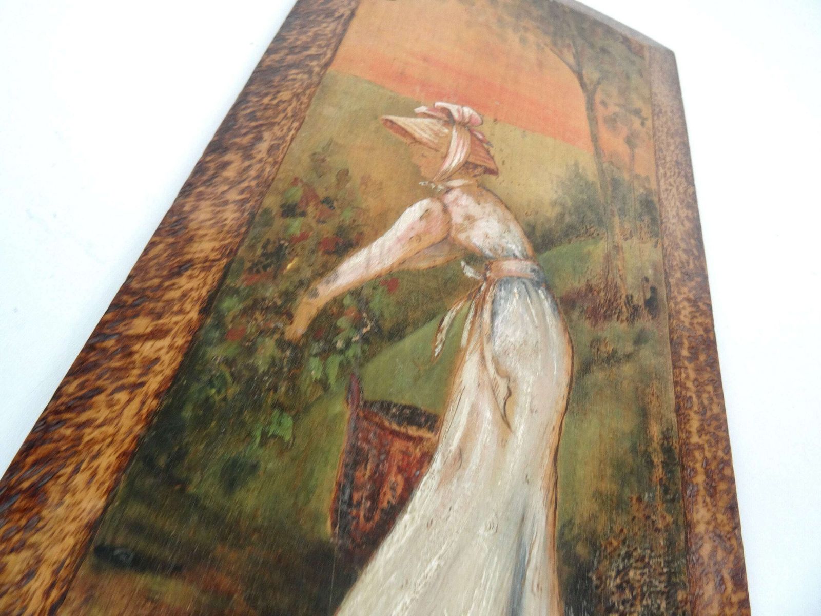 Antique Art Nouveau Pyrography Painting Woman Harvest Berries Signed J.P 1904 photo Art