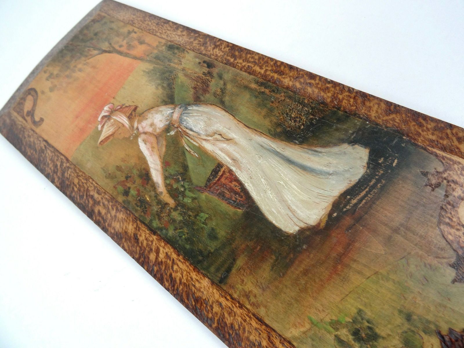 Antique Art Nouveau Pyrography Painting Woman Harvest Berries Signed J.P 1904 photo vinterior