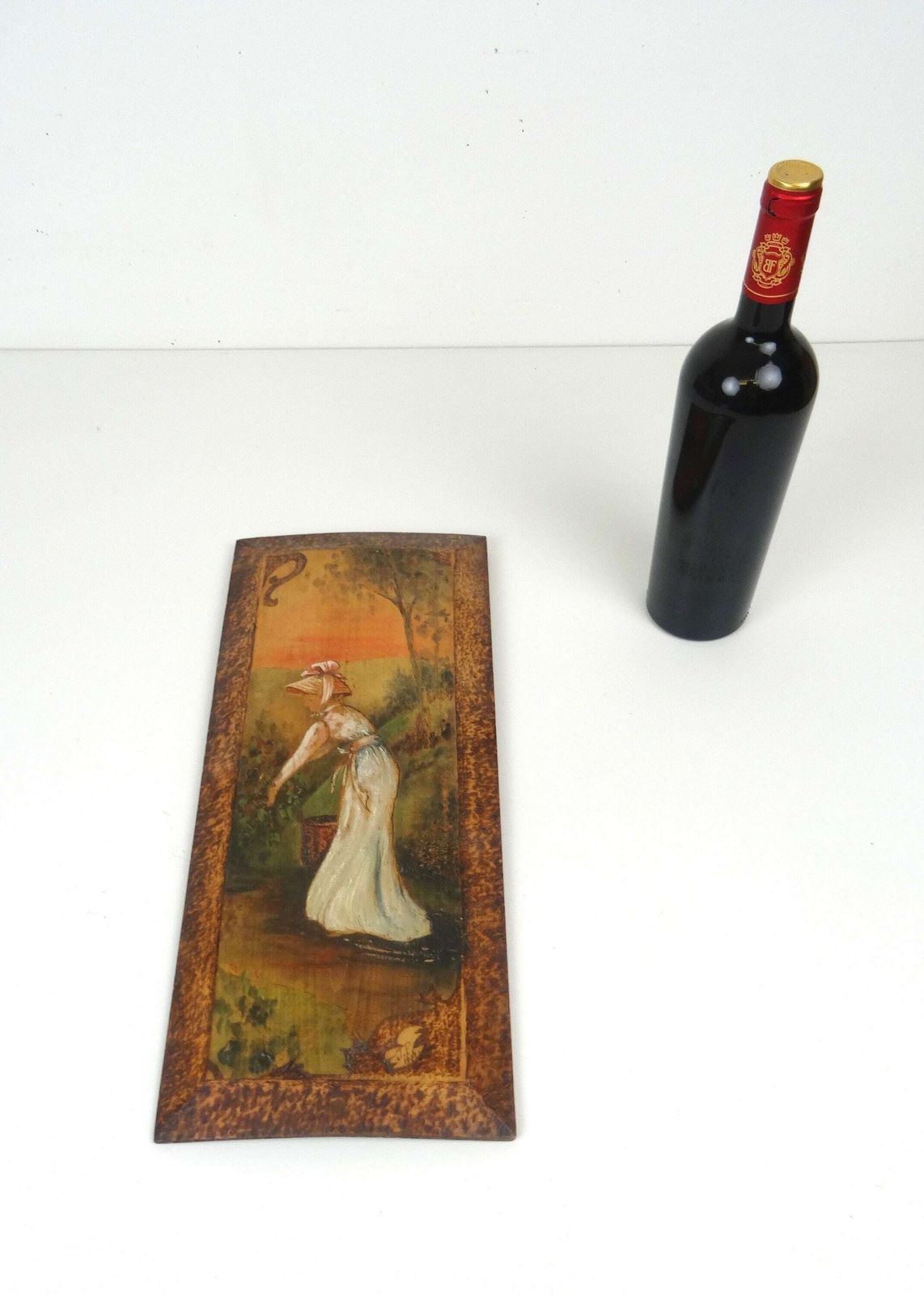photo furniture Antique Art Nouveau Pyrography Painting Woman Harvest Berries Signed J.P 1904
