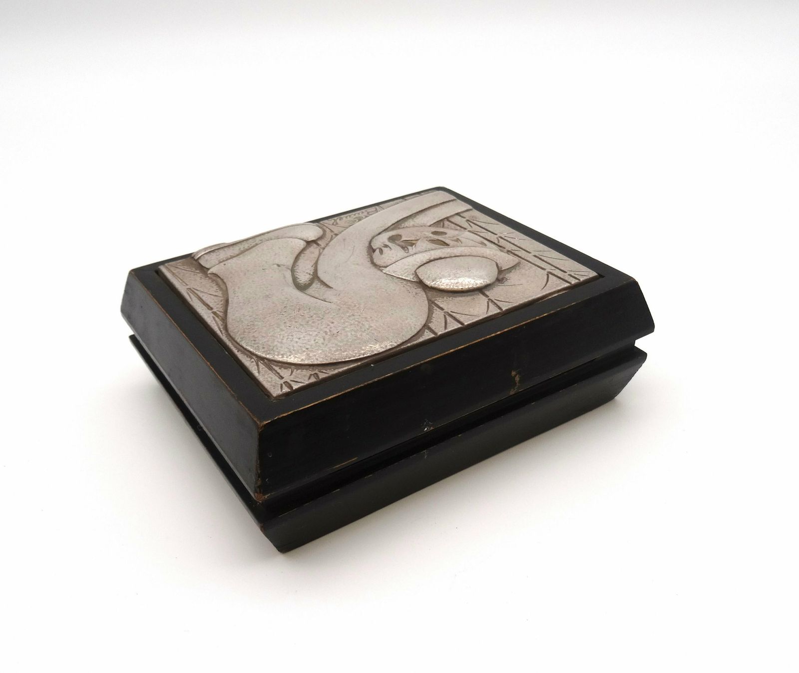 Beautiful Mid Century Wood & 925 Silver Surrealism Plaque Jewelry Box By Artist Brunel photo 465.0