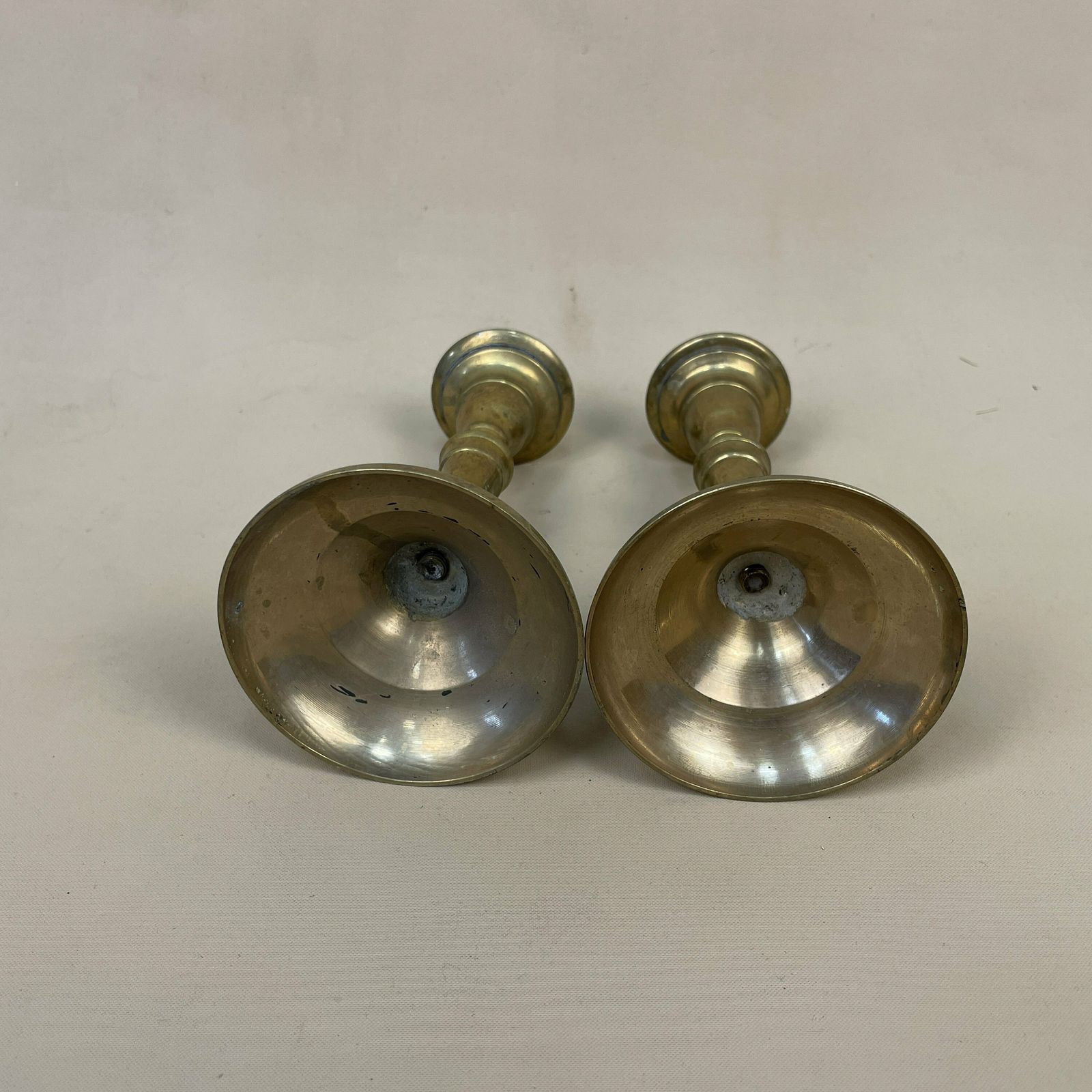 Antique Matching Pair Of Gold Brass Metal Candlestick Candle Stick Vintage Column Taper Dinner Candlesticks Round Base Column photo buy