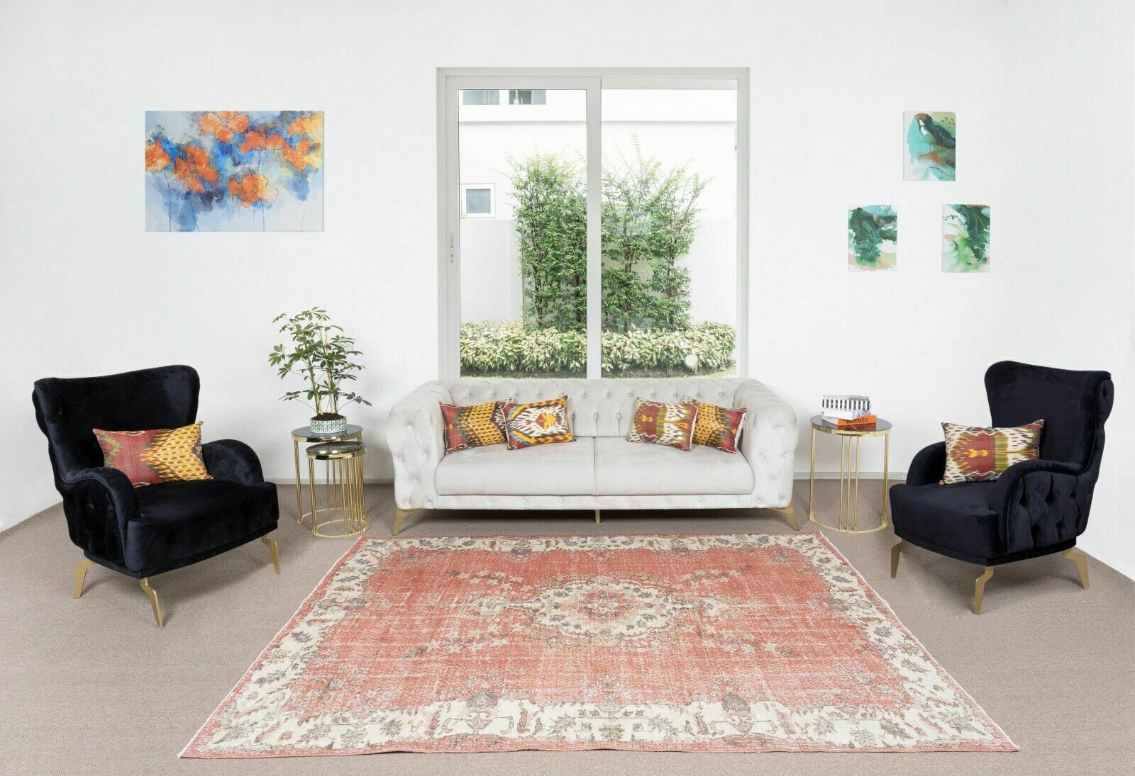 6.6x9 Ft Hand Knotted Vintage Oushak Rug, Traditional 1960s Floor Covering photo furniture