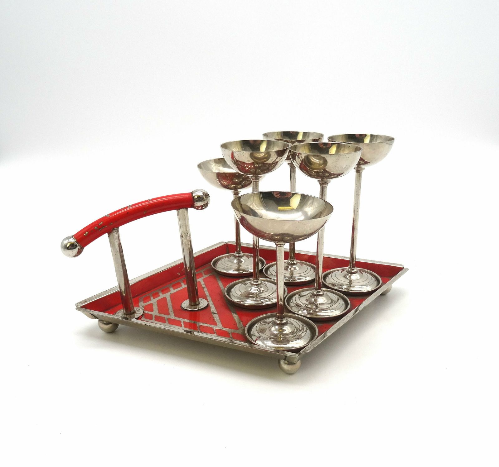 Rare Bauhaus Red Enamel Cubist Tray With Vodka Cups Art Deco Germany 1930 Barware