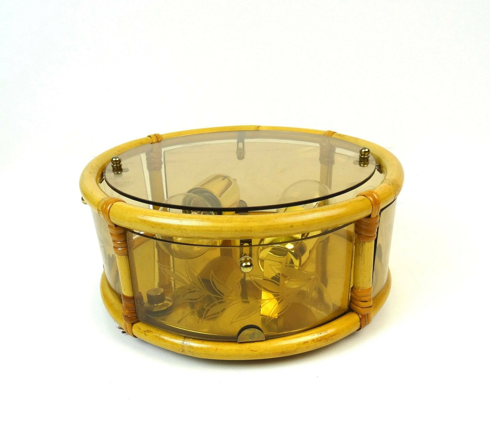 Beautiful Hollywood Regency Bamboo Glass Brass Ceiling Lamp Italy 1960