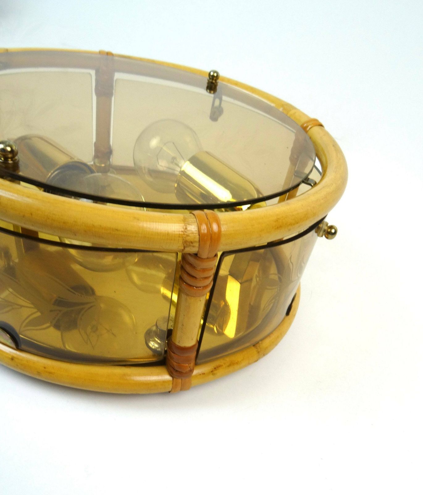 Beautiful Hollywood Regency Bamboo Glass Brass Ceiling Lamp Italy 1960 photo for sale