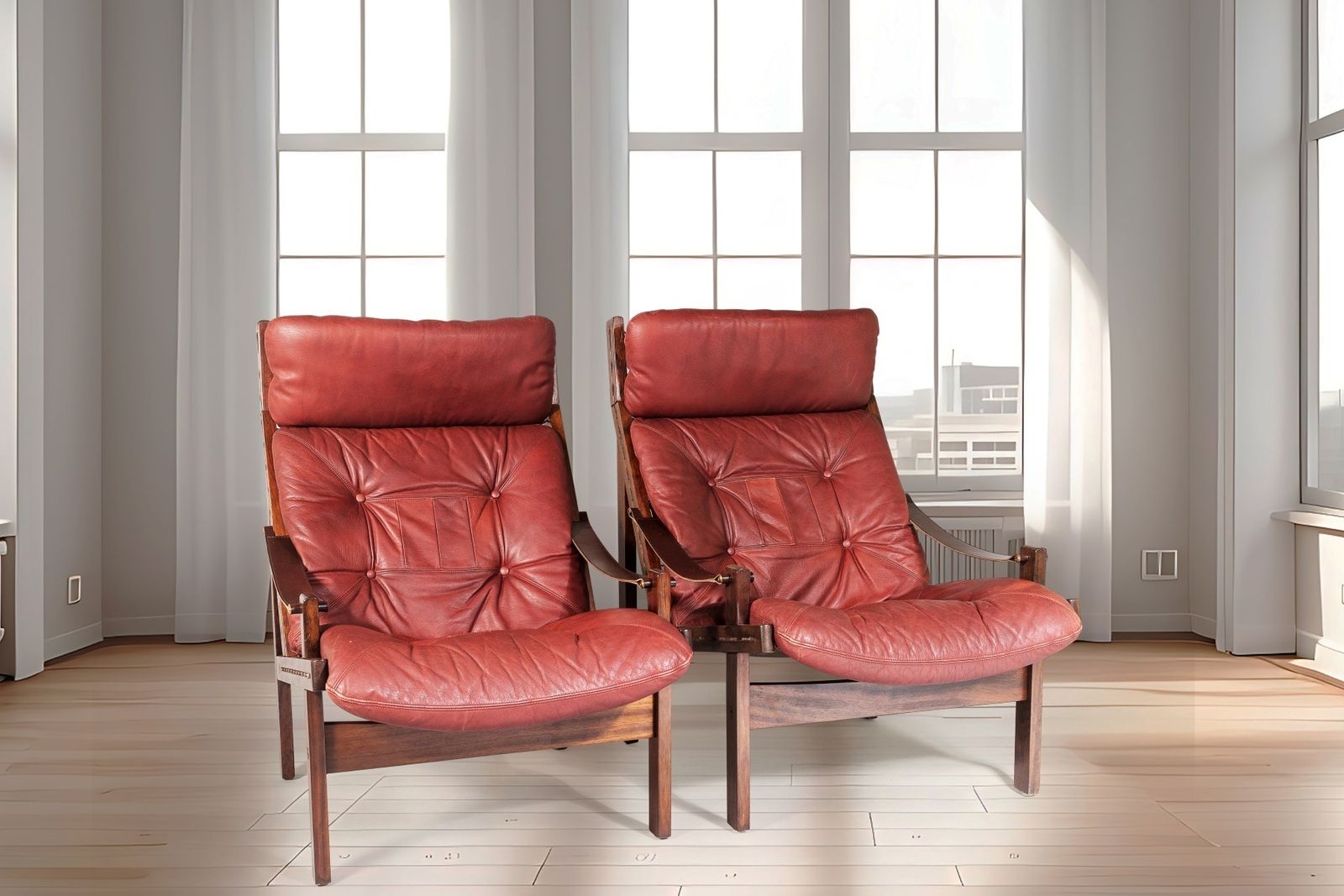 Pair Of Mid Century Torbjørn Afdal Hunter Safari High Back Leather Lounge Chairs