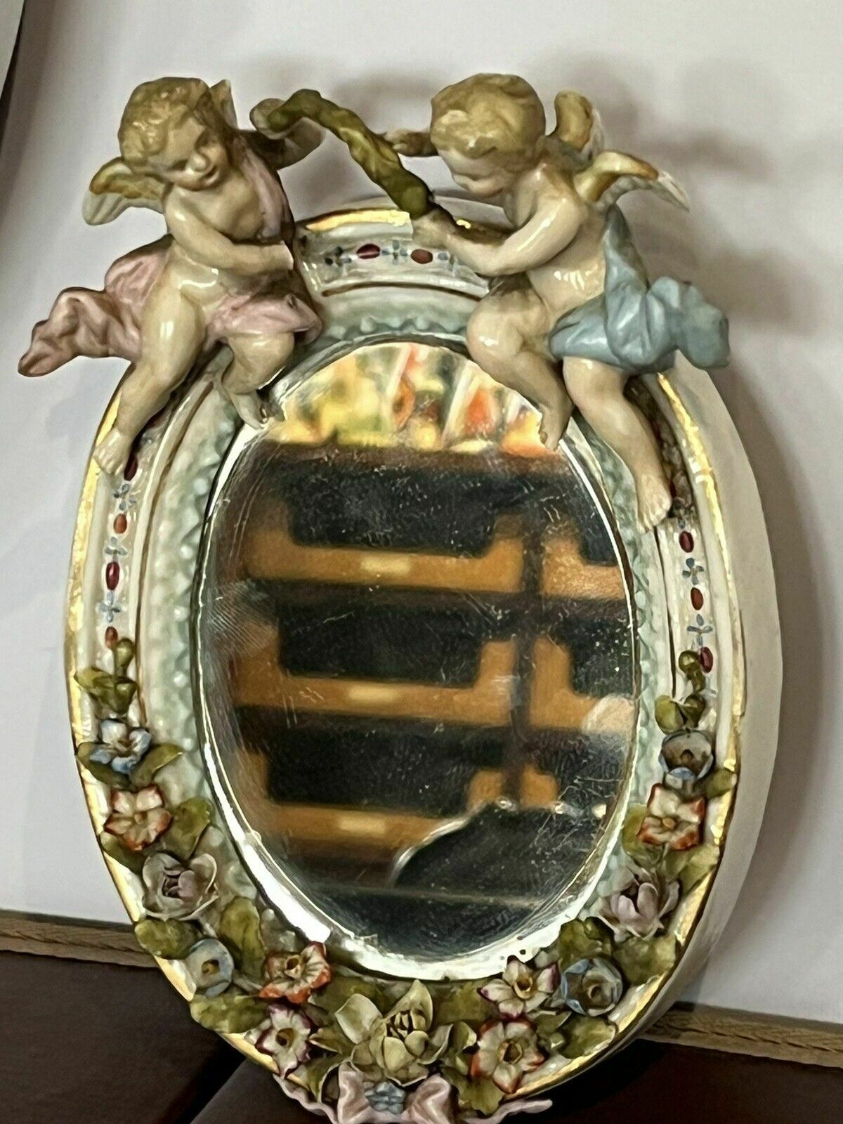 Antique Meissen German Porcelain Wall Mirror Set. Decorated With Cherubs & Birds photo for sale
