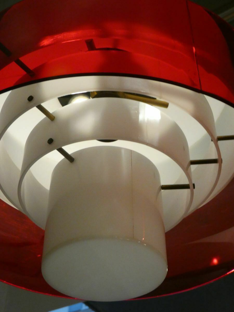 1960s Stilnovo Mid Century Italian Pendant Lamp In White And Red Methacrylate And Brass By Stilux photo for sale