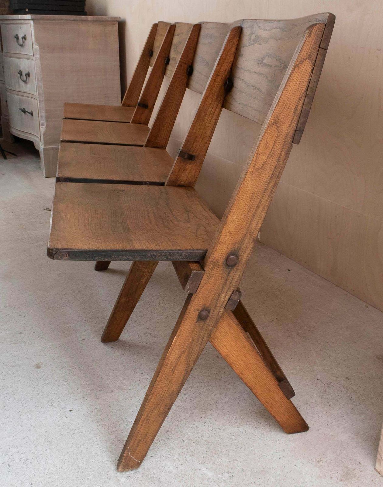 Vintage Campaign Folding Oak 4 Seater Bench. English C.1920 photo vintage